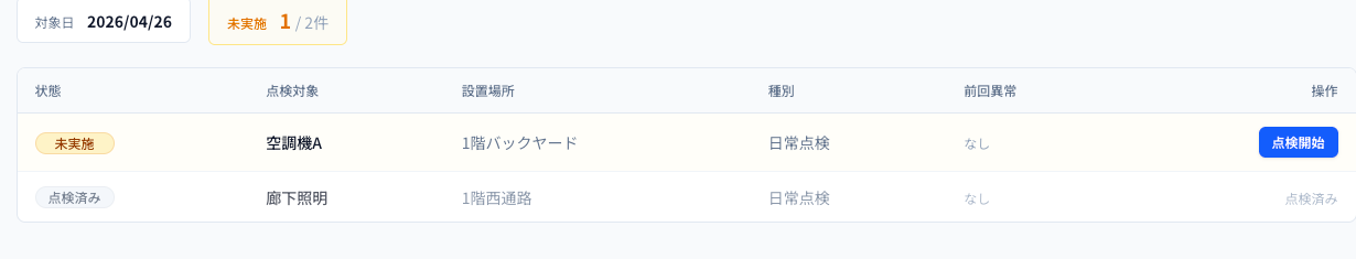 点検対象一覧画面のキャプチャー